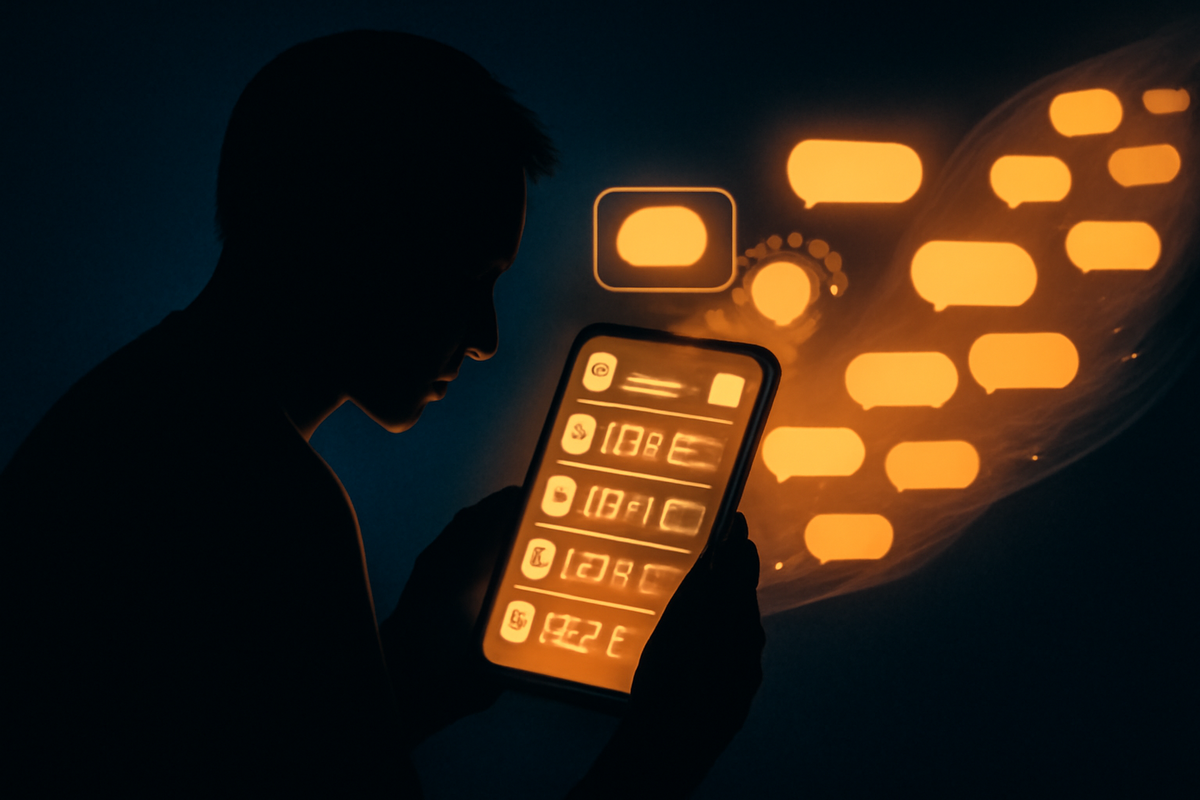 Silhouetted person in a dark room staring at a glowing smartphone full of price tags and alert icons—swarm of bright chat bubbles streaming out like data, dramatic real-time SNS notifications and FOMO-fueled decision pressure