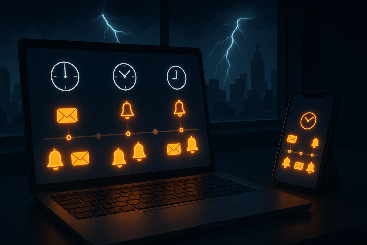 Laptop and smartphone glowing with clocks, email and bell icons against a stormy night city—Amazon Switch2 invite-mail timeline, tense lightning mood, don’t-miss-a-second urgency
