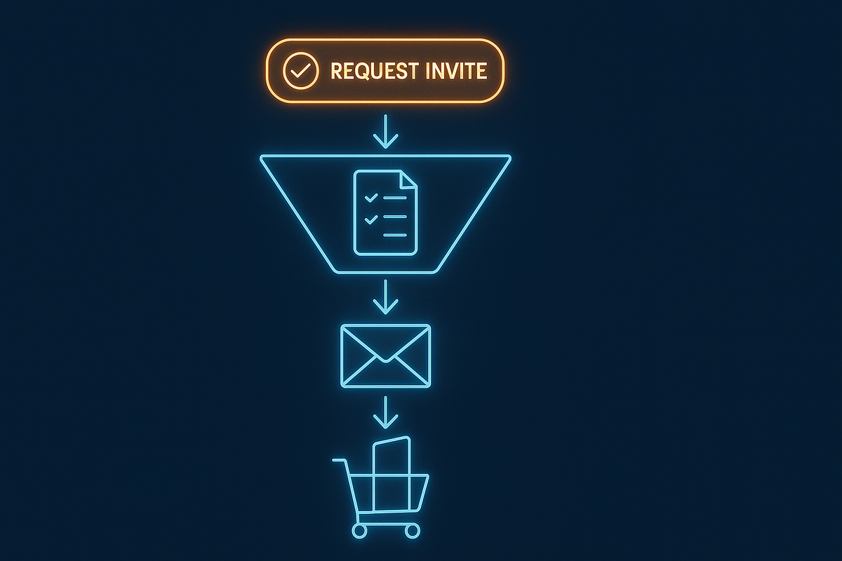 Minimal neon flowchart—REQUEST INVITE button → funnel with checklist → winning email → shopping cart—3-minute crash course on how Amazon’s Switch2 invite sale really works
