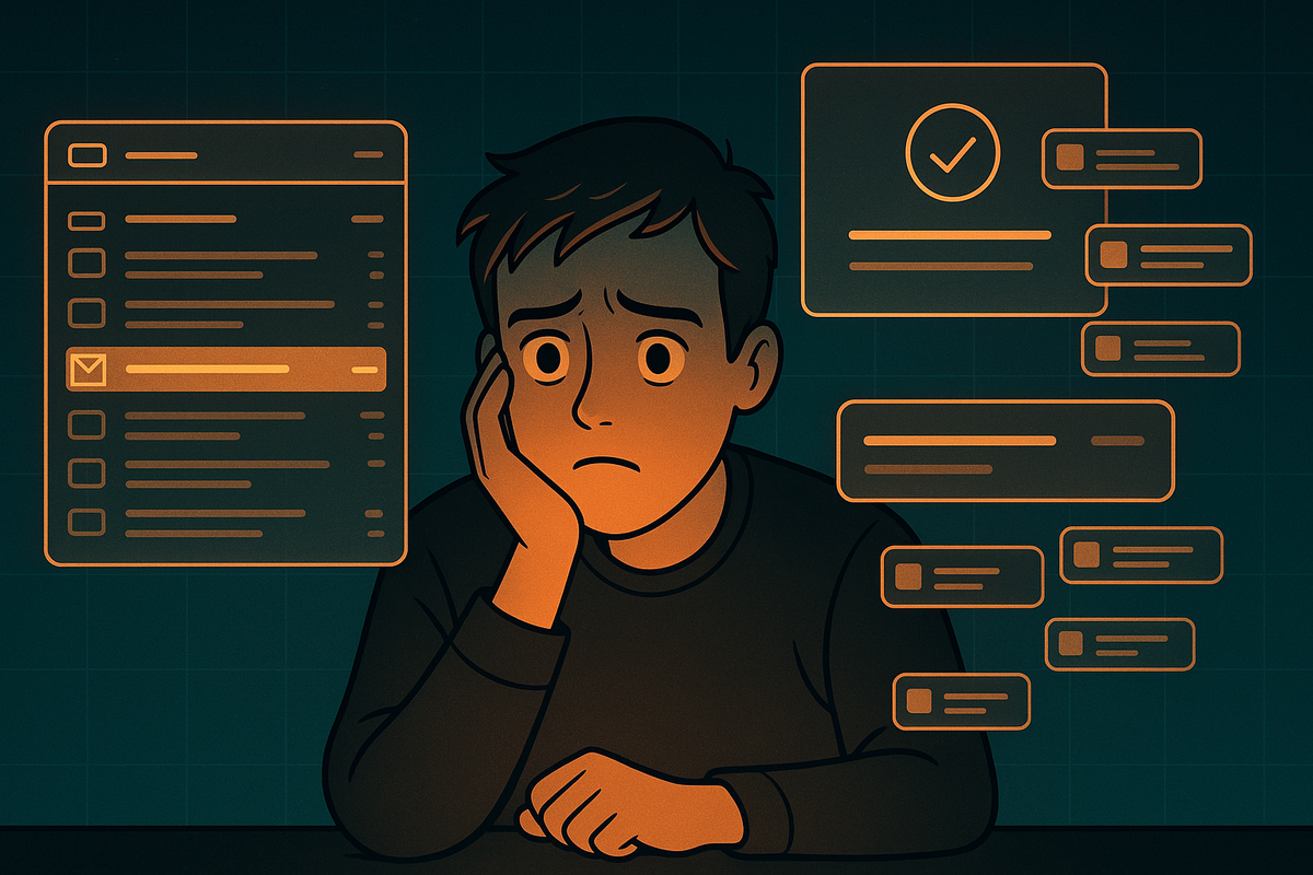 Worried gamer staring at inbox and notification panels—“did my Amazon Switch2 email arrive?”—anxious waiting room energy, FOMO, cluttered messages vs one precious invite