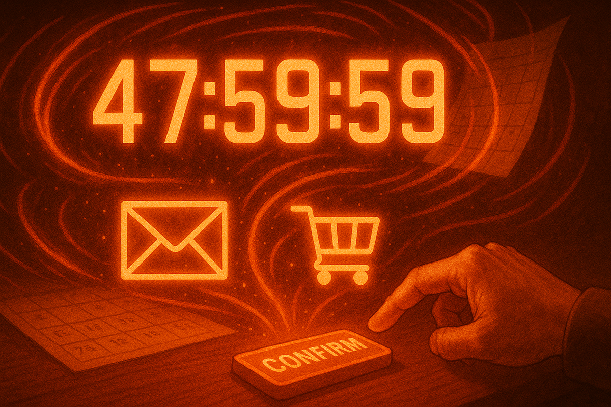 Blazing 47:59:59 countdown over mail icon, shopping cart and glowing CONFIRM button—heart-pounding 48-hour rule for Amazon Switch2 purchase, last-chance adrenaline
