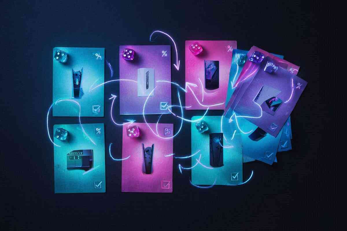 Neon cards, dice and arrows swirling between multiple product tiles—strategic multi-SKU applications for Amazon Switch2 invites, probability, luck and clever optimization