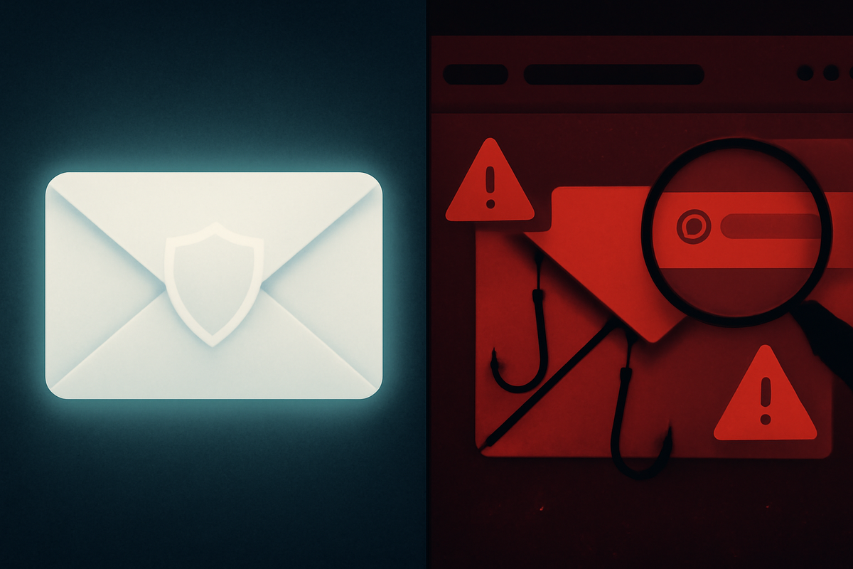 Split screen: cool white secure envelope with shield vs red phishing mail with hooks and warning signs—spotting real Amazon Switch2 winning emails, protecting yourself from scams
