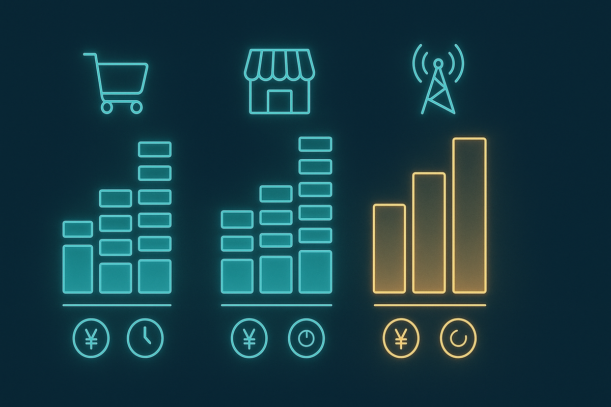Neon comparison bars under shopping cart, storefront, and antenna icons—clear side-by-side look at Amazon, Apple Store, and carrier costs and time commitments for buying an iPhone 16, cool data-driven decision mood