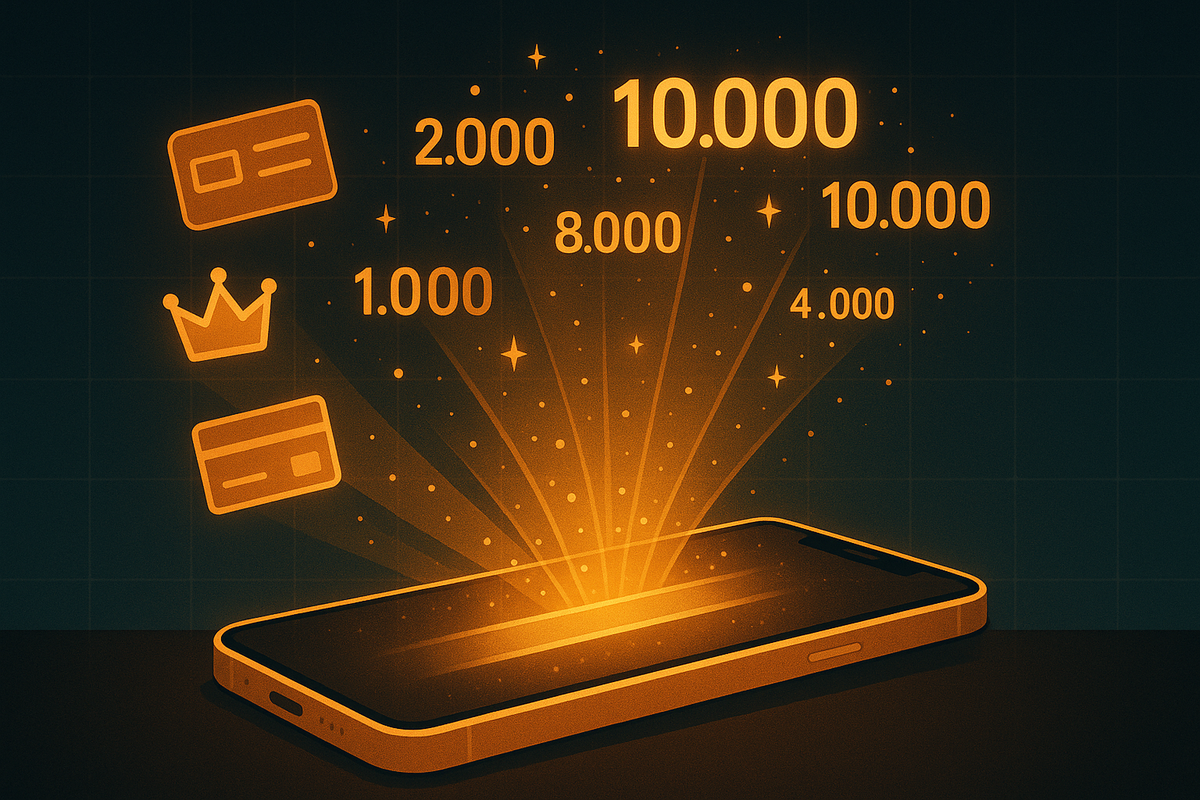 Golden reward points exploding like fireworks from a smartphone screen, surrounded by credit card and crown icons—emotional visualization of Amazon Black Friday iPhone 16 point-back bonuses climbing up to 10,000 points, jackpot feeling