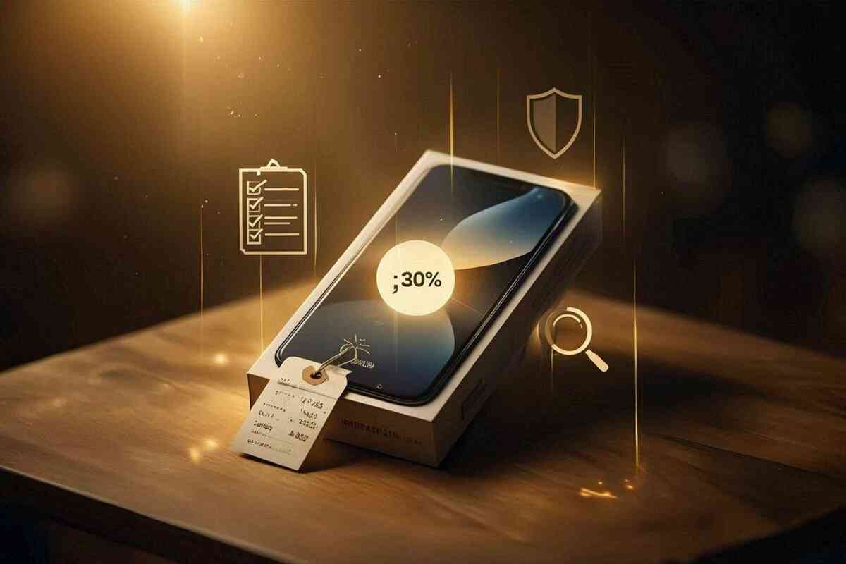 Warm spotlight on an iPhone box with a bold 30% off tag on a wooden table, floating icons of checklist, shield, and magnifying glass—trustworthy yet exciting scene showing how to safely grab a discounted or renewed iPhone 16 during Amazon Black Friday