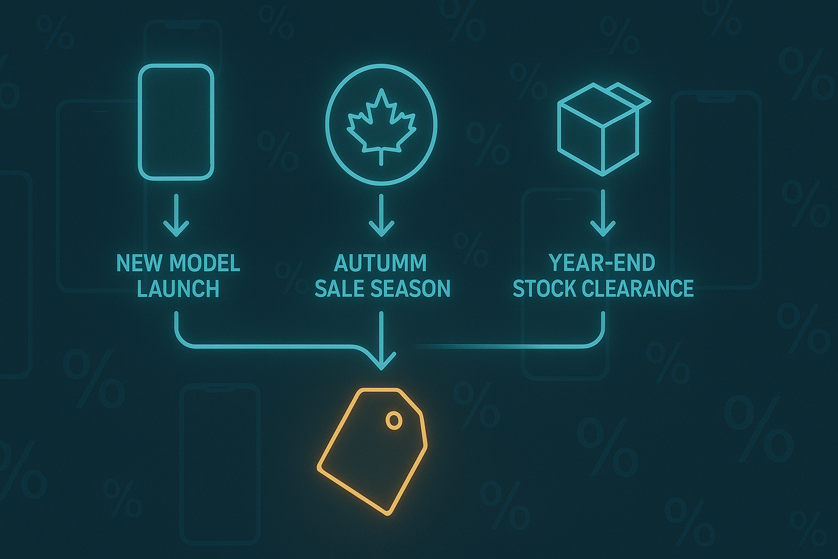 Clean teal flowchart from new phone launch → autumn sale season → year-end stock clearance, all arrows converging on a glowing price tag—simple emotional visual explaining why prices suddenly crash on last-gen iPhone-class models
