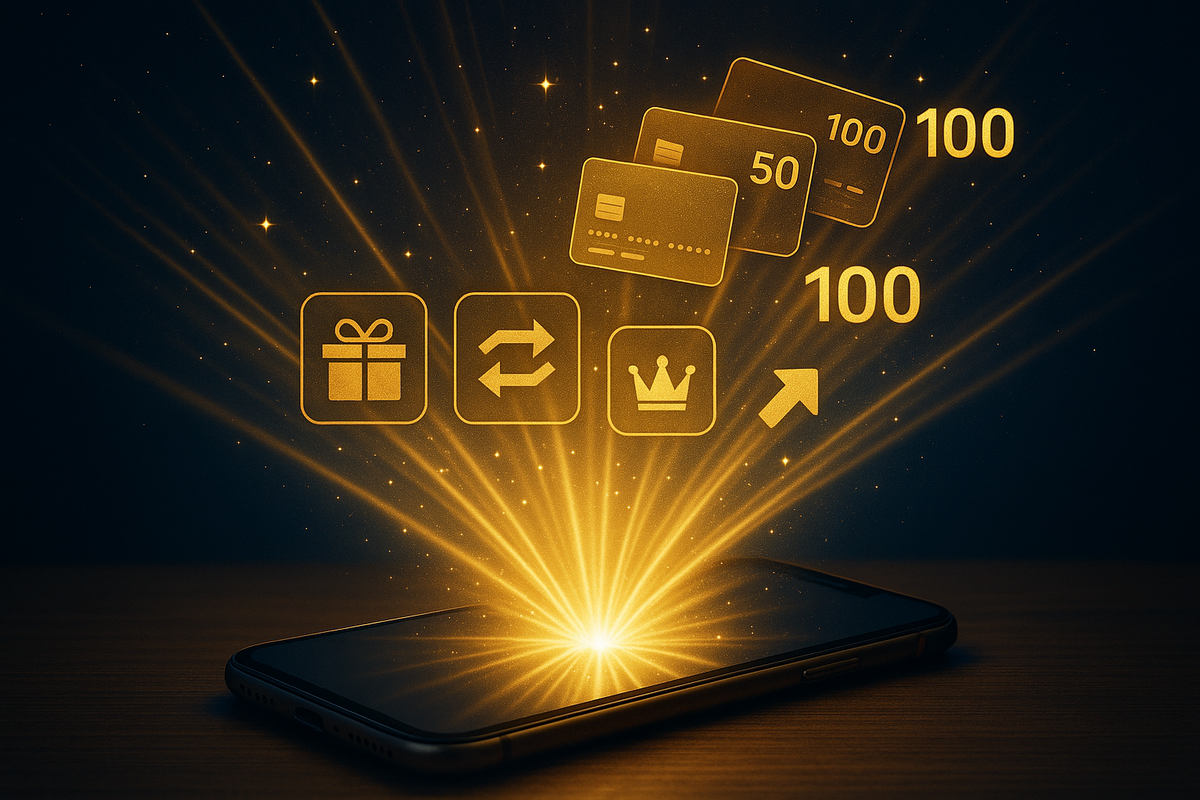 Golden light bursting from a smartphone, gift icons and prepaid cards flying upward—Amazon points, gift cards, and double-dip bonuses exploding into joyful, money-saving magic