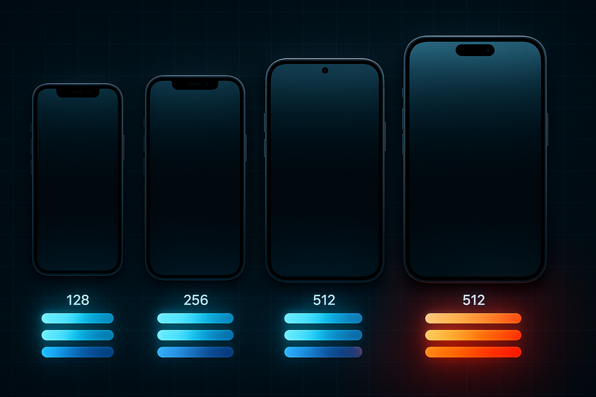 Four dark smartphones in a row labeled 128 / 256 / 512 / 512 with glowing capacity bars—clear iPhone16 storage and model comparison, calm but decisive upgrade decision mood