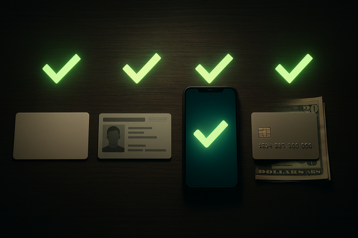 Flat-lay checklist on a dark wooden desk—membership card, ID, smartphone, credit card and cash in a neat row, each marked by a vivid green check symbol—calm but intense “be perfectly prepared” mood for clearing Switch 2 purchase conditions  