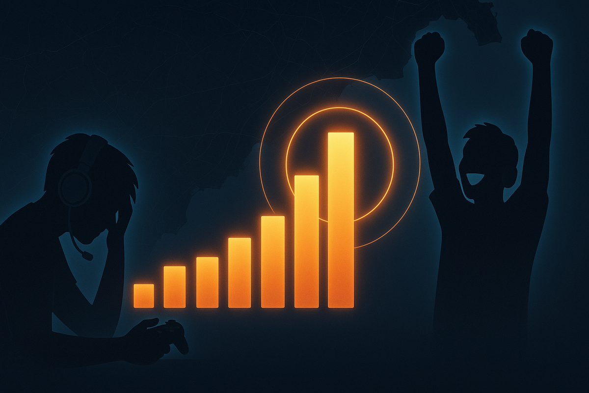 Dark gaming silhouette on the left holding a controller in despair, on the right a cheering player with raised arms, between them a glowing orange bar graph rising upward—data-driven proof that weekend stock odds climb, hopeful turnaround from frustration to victory  
