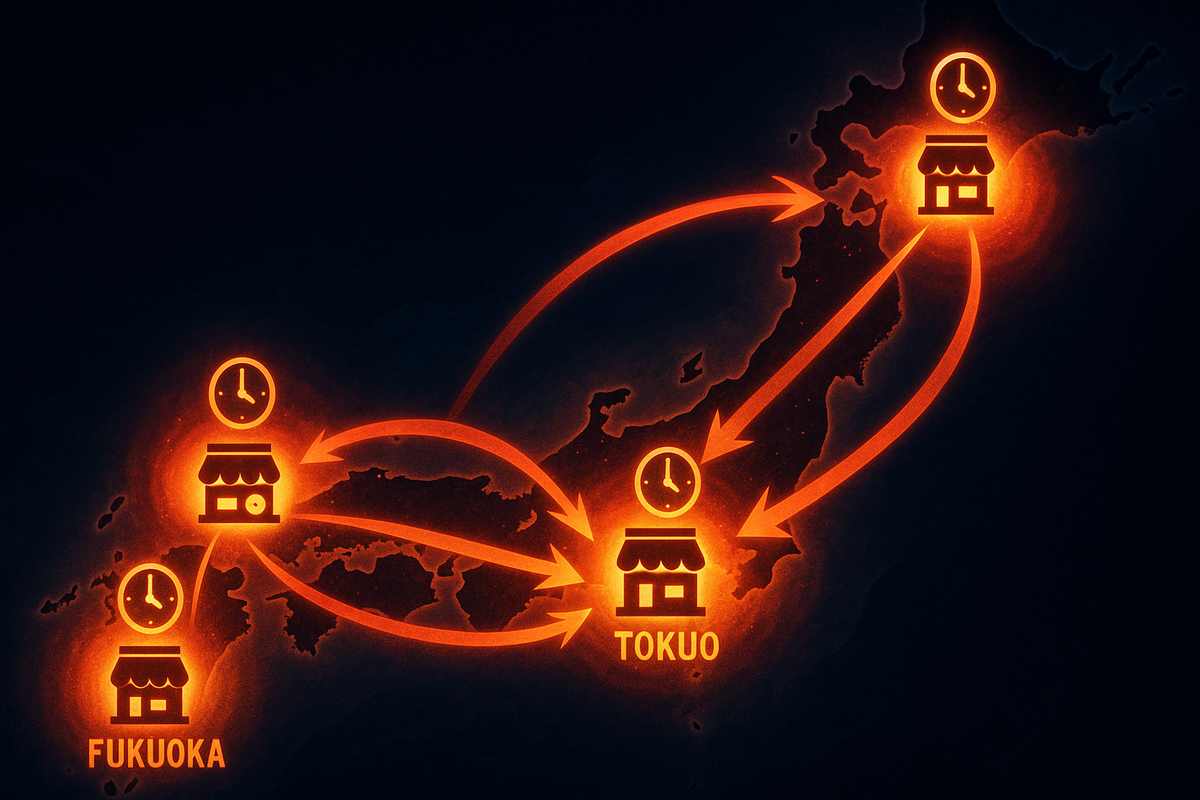 Stylized map of Japan at night with burning orange store icons and clocks, arrows rushing between Fukuoka, Tokyo and other cities—dramatic nationwide route plan visualizing weekend delivery flows, restock timing, and strategic store-hopping energy  