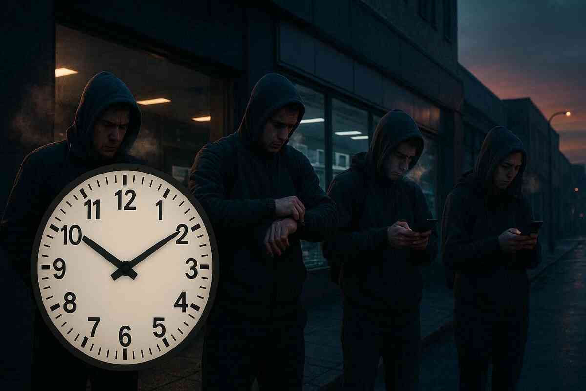 Line of hooded buyers waiting outside a closed store in the cold dawn, huge analog clock in the foreground, everyone checking their watch or smartphone—quiet but desperate early-morning queue, fragile hope of grabbing limited Switch 2 stock before sunrise  