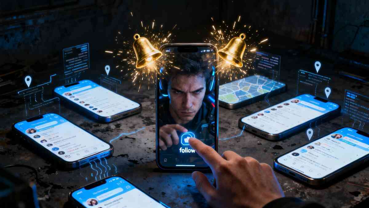 Central smartphone with a focused creator’s face and a glowing follow button, surrounded by multiple social-feed screens, golden notification bells sparking above—electric real-time alert setup, intense social listening power to catch instant restock tweets and win the information battle  