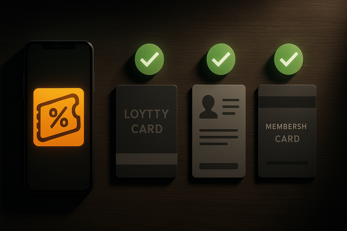 Dark wooden desk flat-lay—smartphone with bright coupon icon, loyalty card, ID card, and membership card lined up under glowing green check marks—quiet but intense “meet all conditions” mood, meticulous preparation before the big purchase  