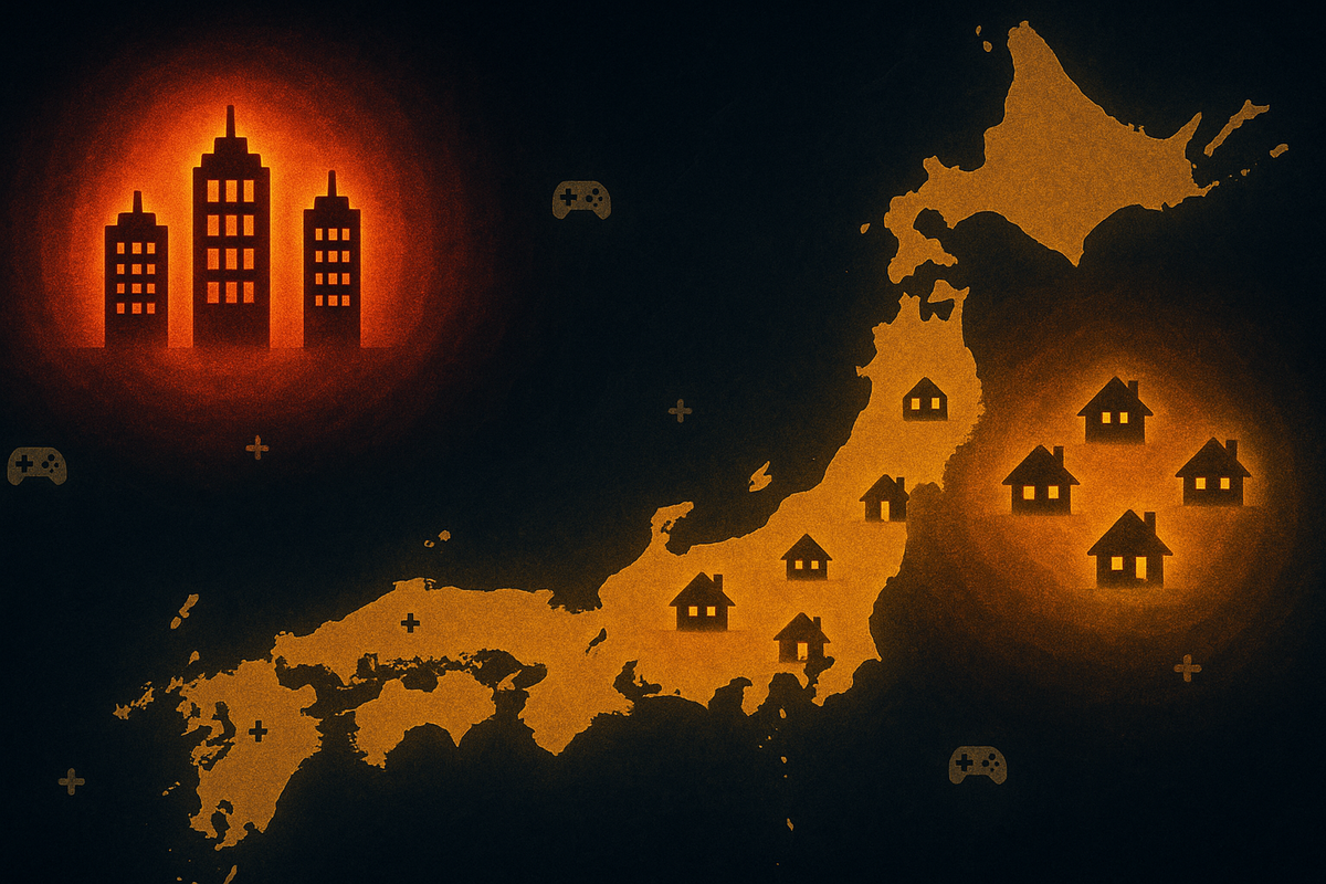 Stylized map of Japan at night—fiery red skyscraper cluster for crowded cities on the left, warm golden houses scattered across rural regions on the right, tiny gamepad symbols floating around—dramatic contrast of brutal urban competition vs relaxed countryside heaven  