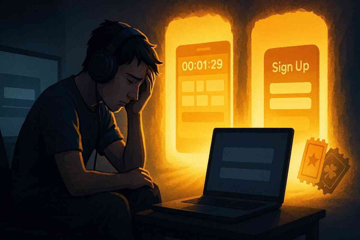 Tired gamer in headphones slumped over a laptop in a dark room, face in hand, behind him giant glowing phone screens showing a countdown timer and “Sign Up” button—regretful mood, missed coupon deadline, bittersweet resolve to be ready for the next chance  