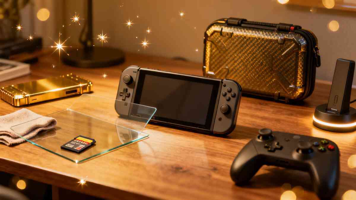 Cozy wooden gaming desk bathed in warm light—sleek handheld console, glass screen protector, high-capacity memory card, rugged gold case, pro controller and charging stand sparkling with tiny stars—dream launch-night setup, indulgent accessory bliss and upgrade joy  