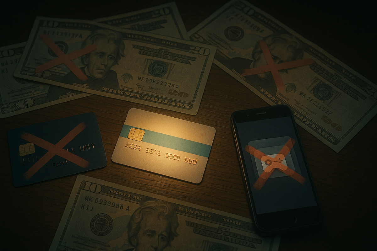 Dark wooden desk scattered with banknotes and generic credit cards crossed out in red, only one softly glowing card left in the center—painful realization that every payment method fails except the one crucial store card, tense, exclusive gateway feeling  