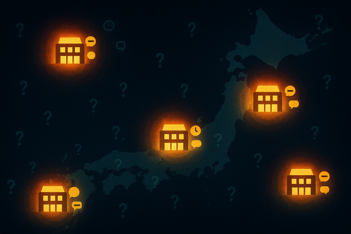 Stylized night map of Japan sprinkled with glowing store icons surrounded by tiny clocks and chat bubbles, mysterious question marks floating in the dark sea around them—restock rumor heatmap, hopeful hunters scanning the country for today’s lucky Aeon  