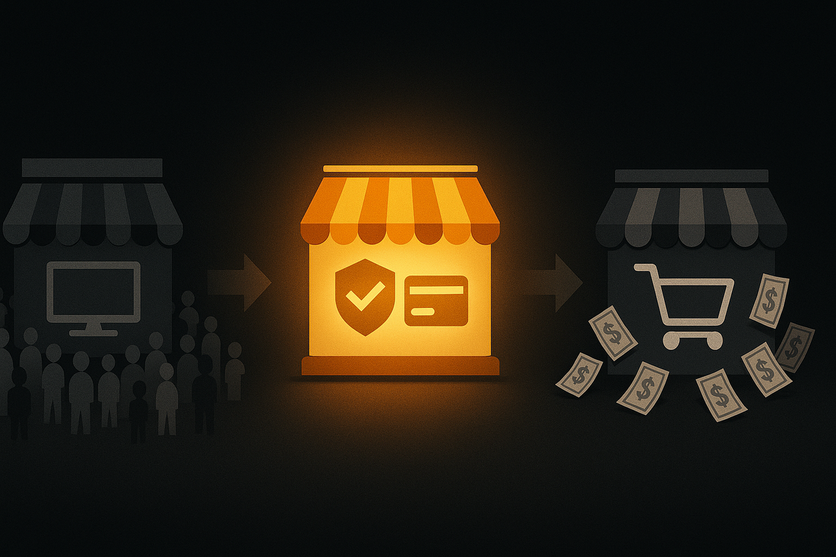 Three simplified shop icons in a row on a black background, the middle storefront glowing golden with a shield and card symbol while the others fade into grey crowds and flying cash—calm, card-gated mall route shining as the safest, smartest path to the console  