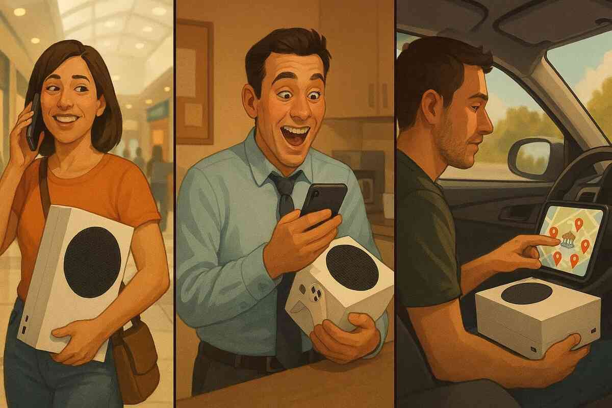 Warm triptych of real-life success stories: woman in a mall calling with a console in her arms, office worker grinning at his phone while holding the box, driver checking a map dotted with store pins—family teamwork, lucky timing, and strategic store-hopping joy  