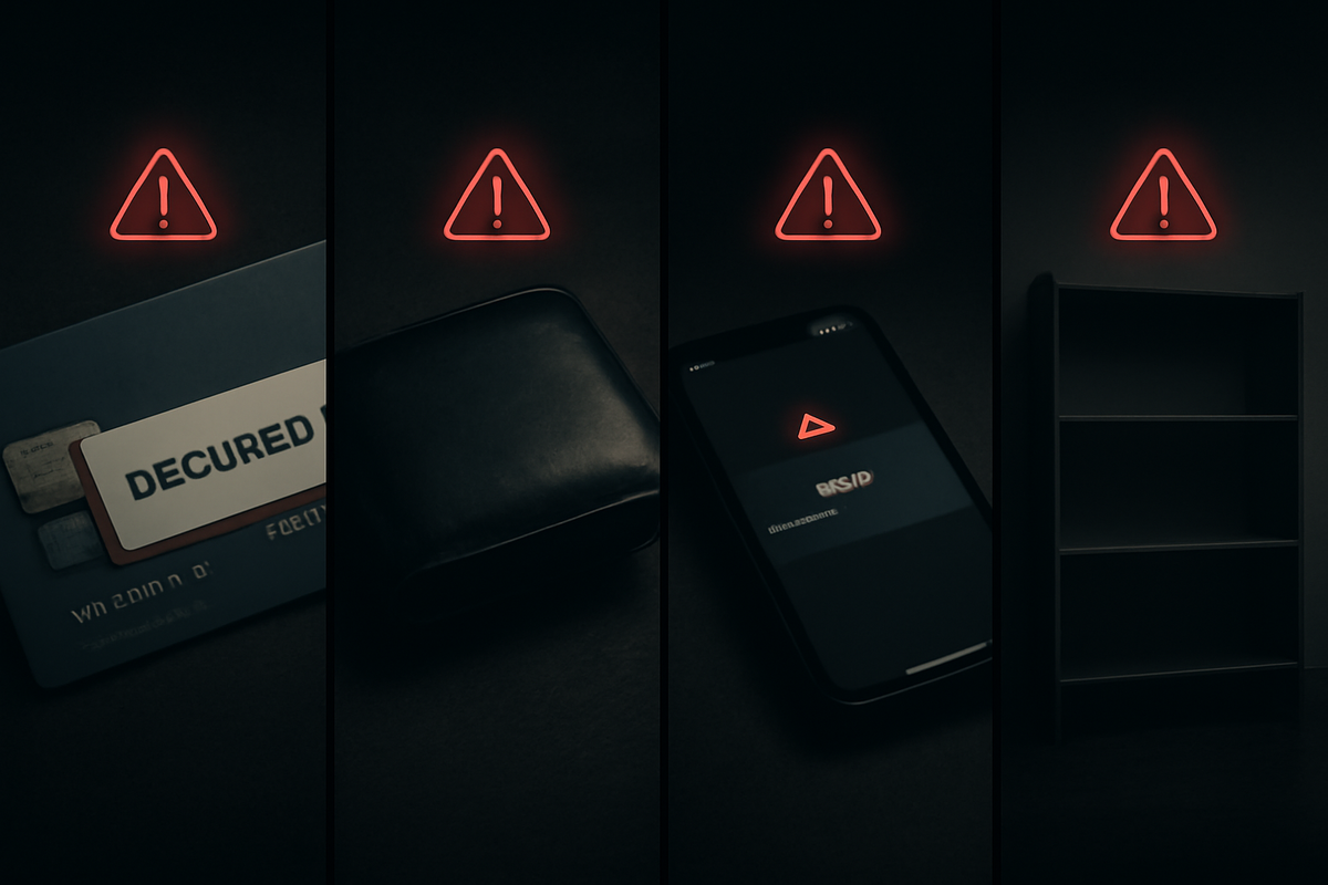 Moody four-panel warning collage on a dark background: maxed-out card, closed wallet, smartphone ID error screen, and an empty shelf, each topped with a glowing red alert triangle—silent horror of everything going wrong at checkout, stark lesson in pre-visit preparation  