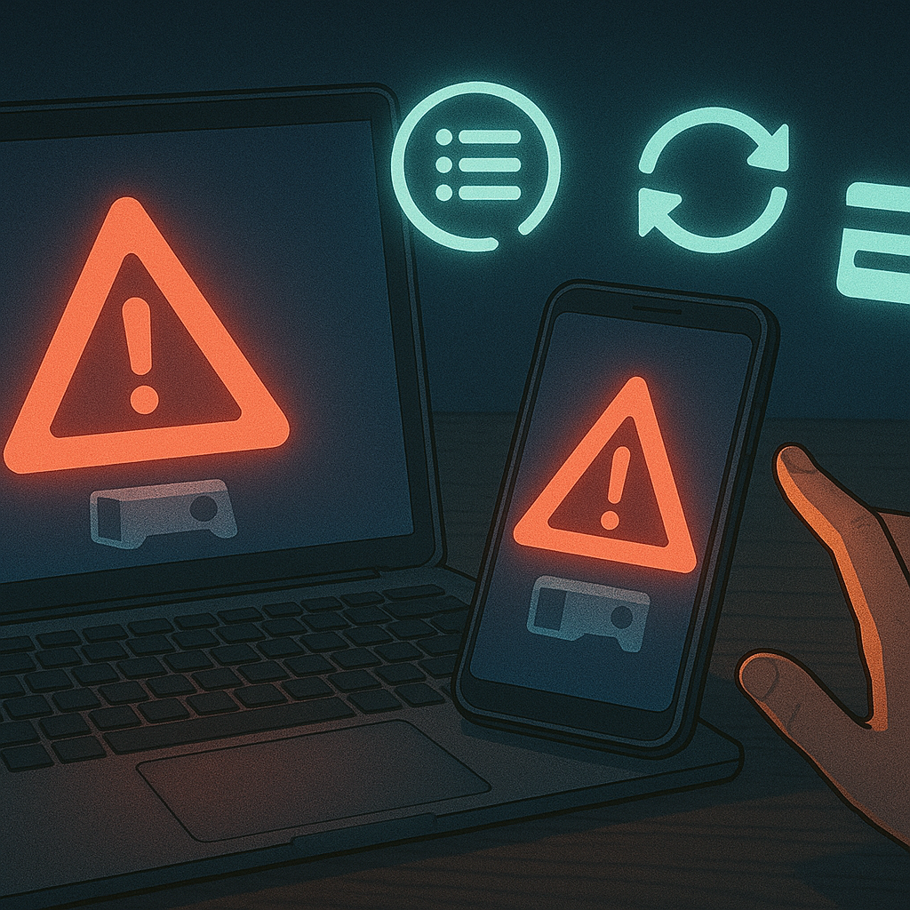 Laptop and smartphone both flashing a red warning triangle over a tiny console icon, while glowing icons for error message, refresh, and settings hover above a reaching hand—Rakuten Books “cannot order” alert, panic at checkout, but a hint of fast, hopeful troubleshooting  