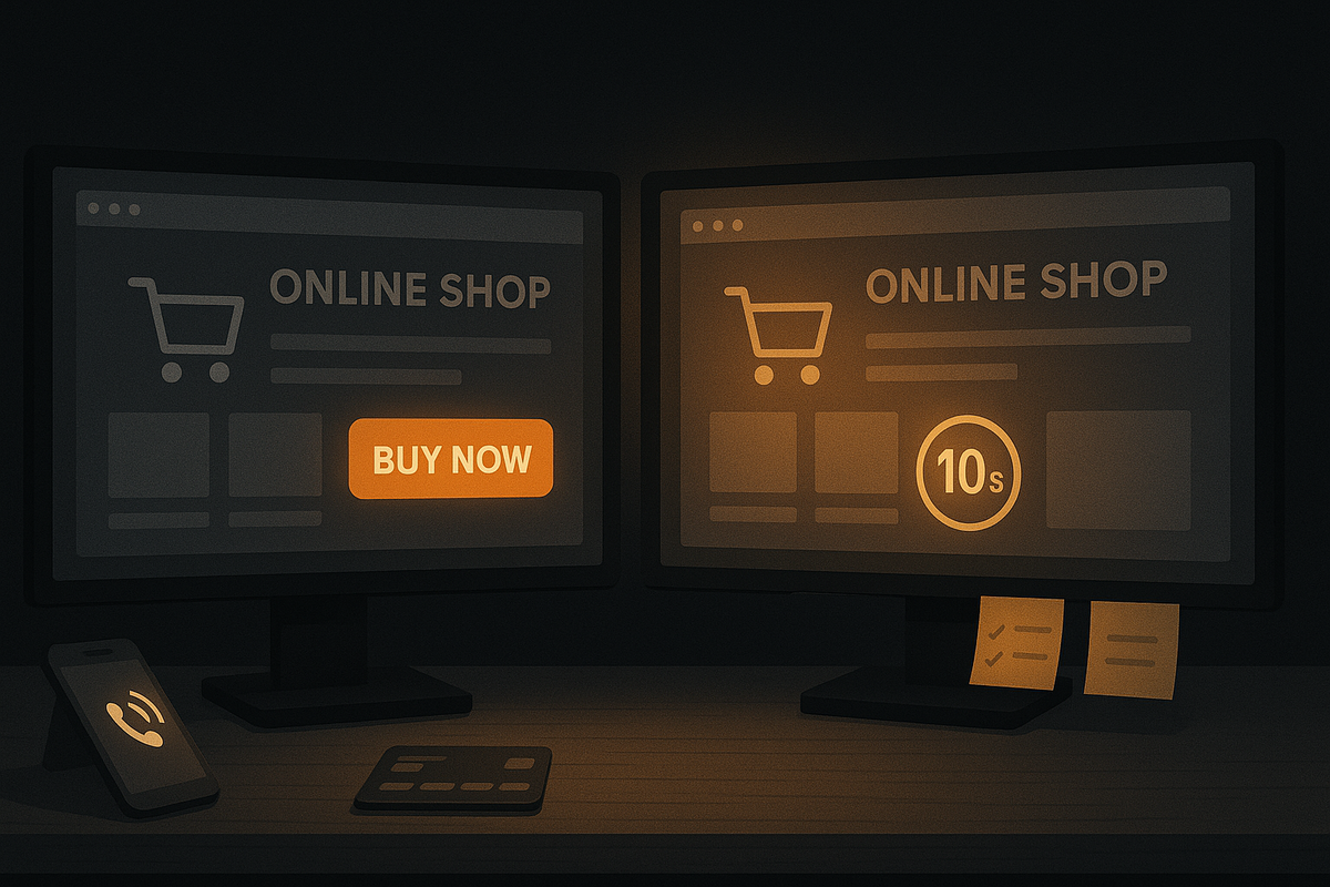 Dark dual-monitor setup with ONLINE SHOP pages open, one massive BUY NOW button burning orange and a “10s” countdown glowing on the other screen, phone and checklist notes ready on the desk—speed-run style Rakuten Books drop preparation, tense but thrilling one-shot purchase moment  