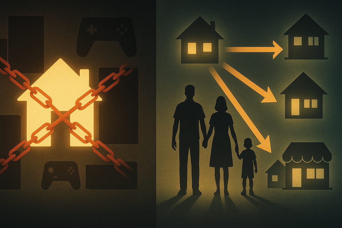 Split scene: on the left a bright house icon wrapped in heavy red chains and surrounded by console shapes, on the right a family silhouette sending glowing arrows from one home toward multiple safe houses and a store—strict same-address ban versus smart, legal multi-address strategy for extra Switch2 units  