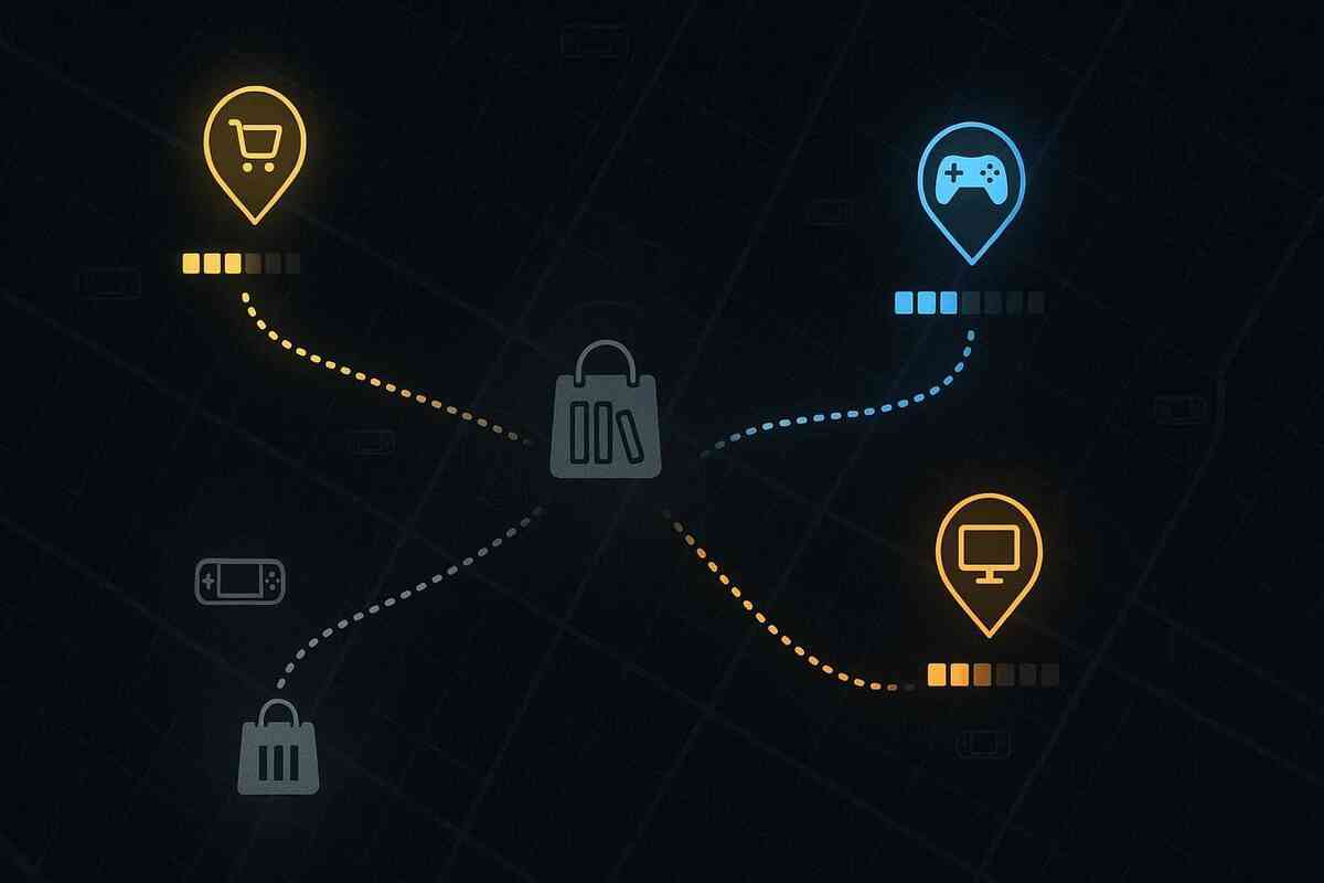 Nighttime digital map with a central shopping-bag icon and three colored route pins—a cart, gamepad, and monitor—each with progress bars and dotted paths leading outward, faint handheld-console outlines in the background—parallel hunting routes across Rakuten, Amazon, and physical stores, strategic hope-filled navigation  