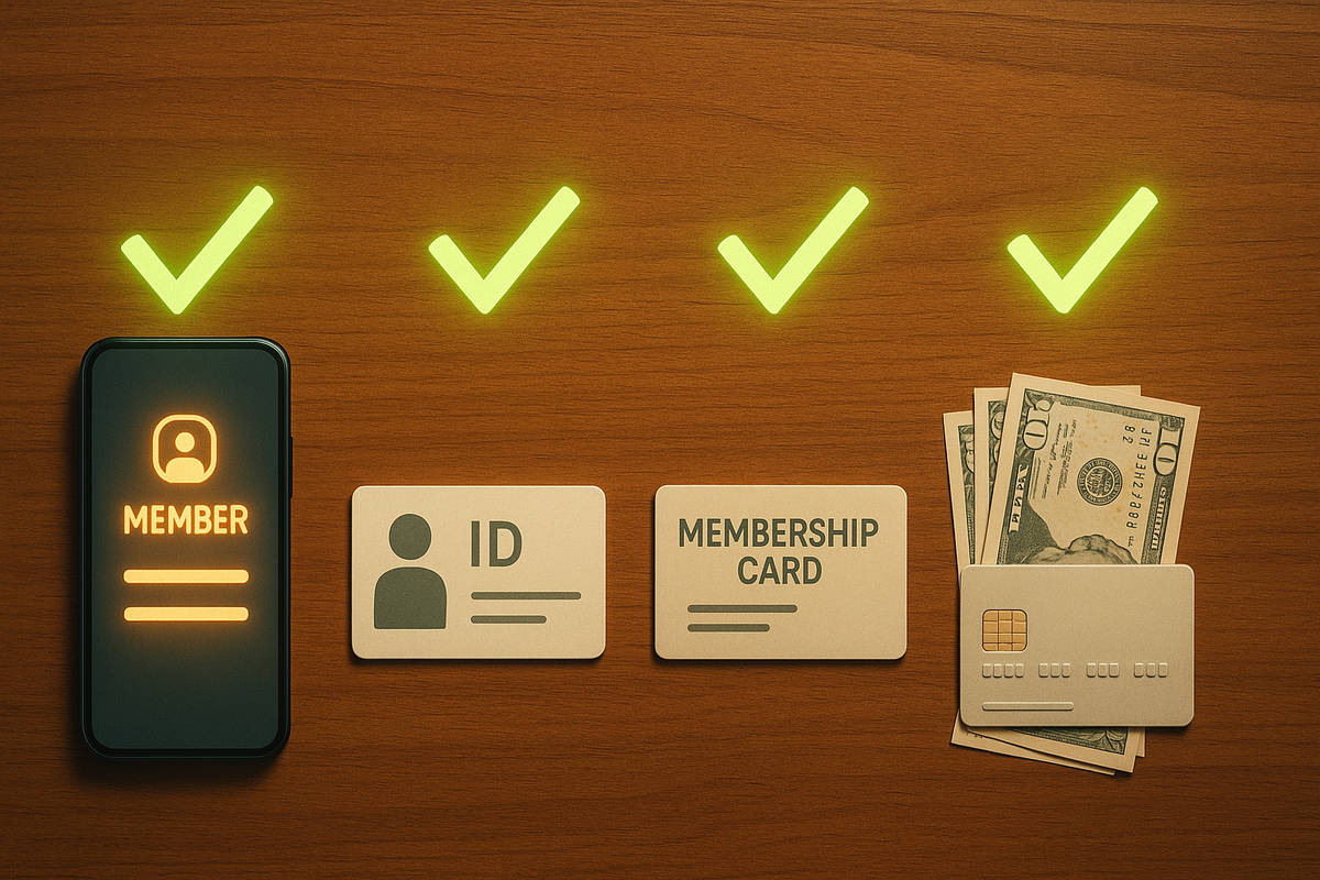 Neat flat-lay checklist on a wooden desk—smartphone with MEMBER screen, photo ID card, membership card, and cash plus credit card lined up under bright green checkmarks, calm confidence that you’re perfectly prepared to buy a Switch-class console today