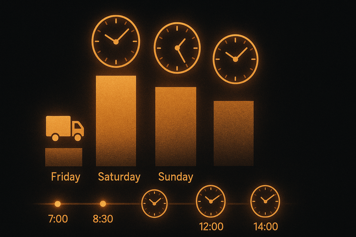 Glowing weekend timeline chart on a dark background—delivery truck over Friday, tall success bar for Saturday, medium bar for Sunday, and clocks at 7:00, 8:30, 12:00, 14:00, visualizing the emotionally charged “best time to line up” strategy for limited console stock