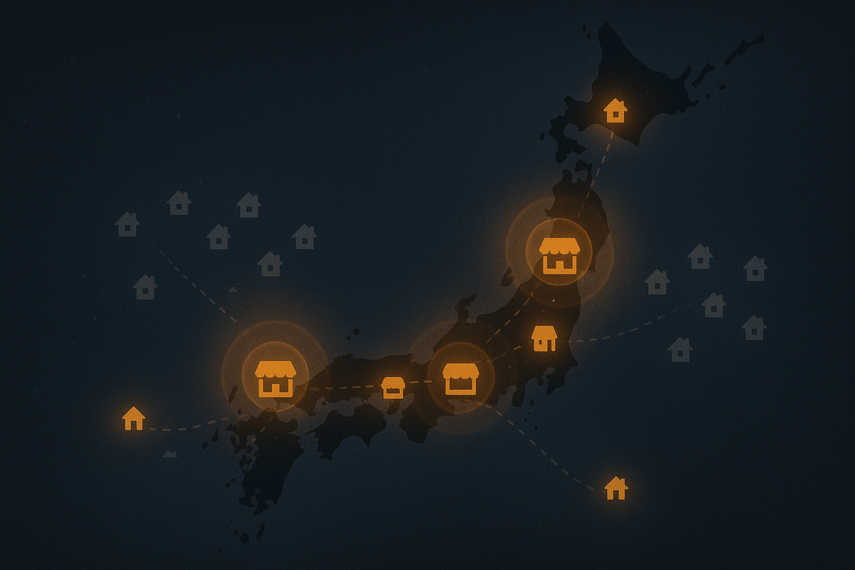 Stylized Japan map at night—multiple orange halo store icons connected by dotted routes to faint house icons, quietly highlighting hidden regional Edion-style shops and hopeful travel paths to finally secure a Switch2 at retail price