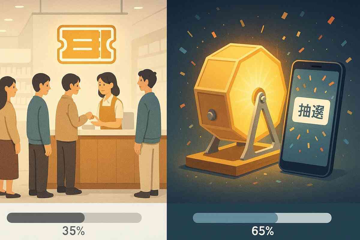 Split-screen comparison—on the left a polite line of shoppers at a ticket counter, on the right a sparkling lottery drum beside a smartphone with 抽選 text and confetti, progress bars showing 35% vs 65%, emotional battle between effort and luck for scoring a rare game console