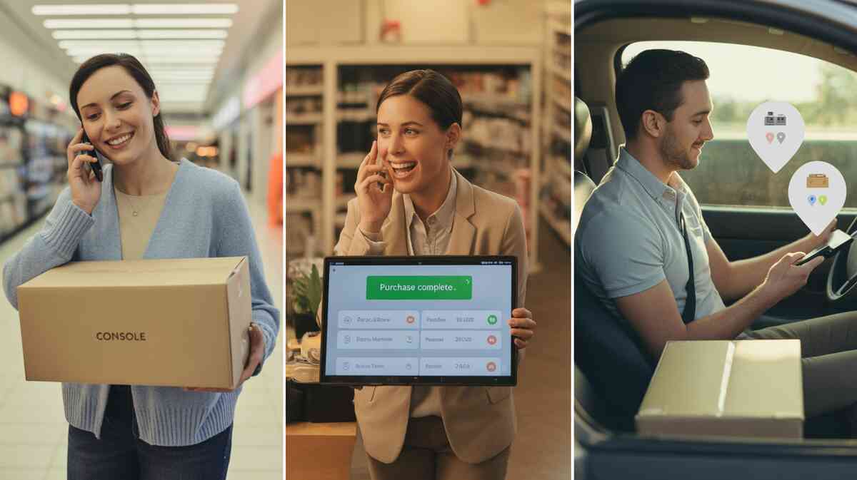 Warm story collage in three panels—a smiling shopper cradling a plain CONSOLE box while calling family, an excited clerk showing “Purchase complete” on a tablet, and a satisfied driver checking location pins on his phone with a console box on the seat, vivid celebration of real-world Switch2 purchase success