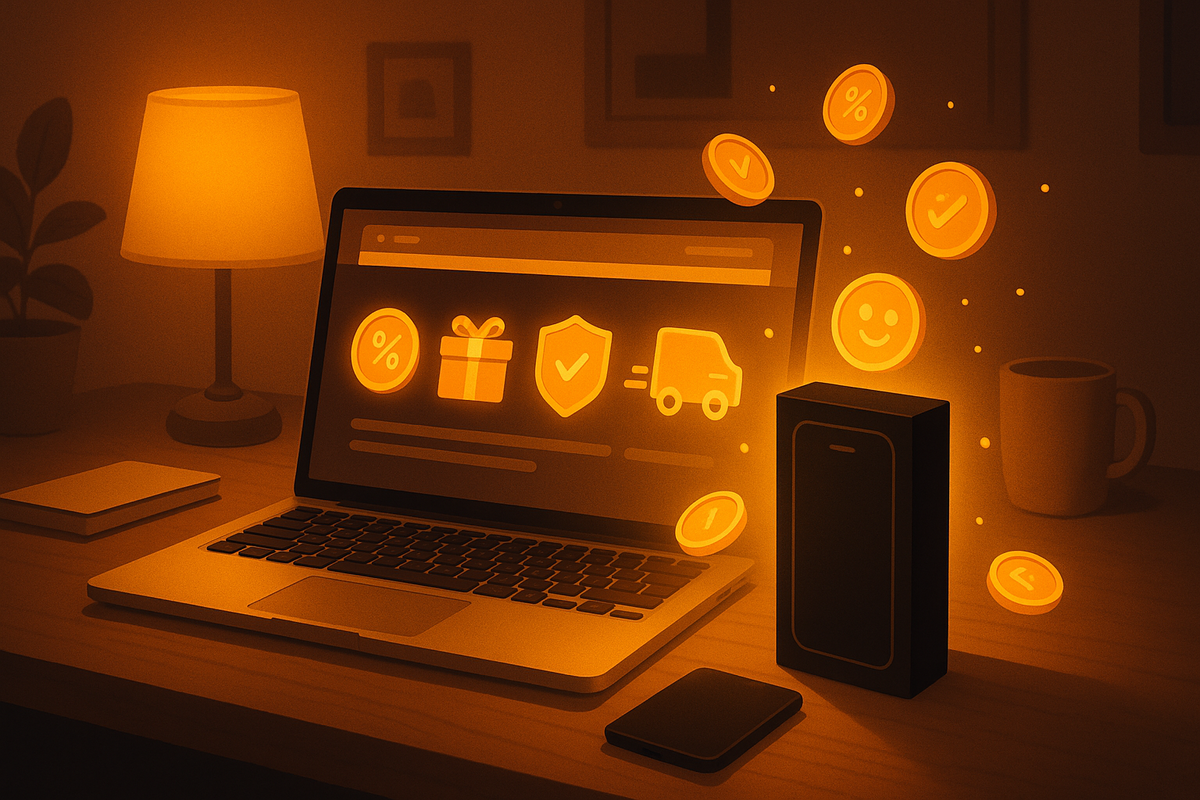 Warm desk at night with glowing laptop icons for discount, gift, buyer protection and fast shipping, golden coins swirling into a new smartphone box—Amazon iPhone deal hunting, cozy savings, quietly ecstatic upgrade energy