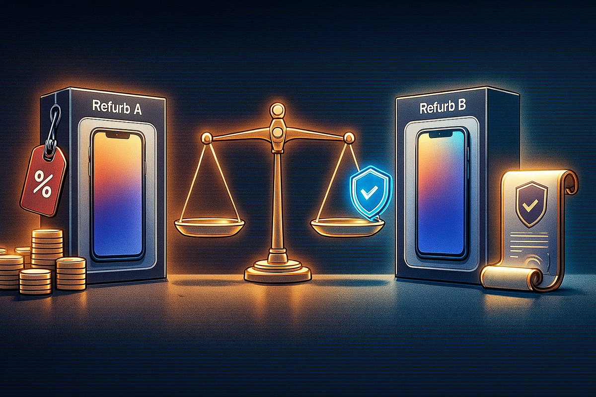 Two generic refurbished iPhone boxes facing a shining balance scale, one side loaded with coins and a big percent tag, the other wrapped in shield icons and warranty scroll—emotional tug-of-war between cheap Amazon refurb and安心 long warranty choice