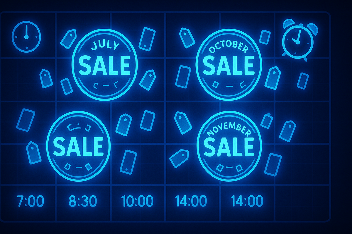 Neon-blue sale calendar grid with glowing JULY, OCTOBER, NOVEMBER SALE badges, tiny phone tags and alarm clocks floating around—yearly Amazon iPhone mega-sale schedule visualized, time-sensitive FOMO and strategic bargain-hunter mood