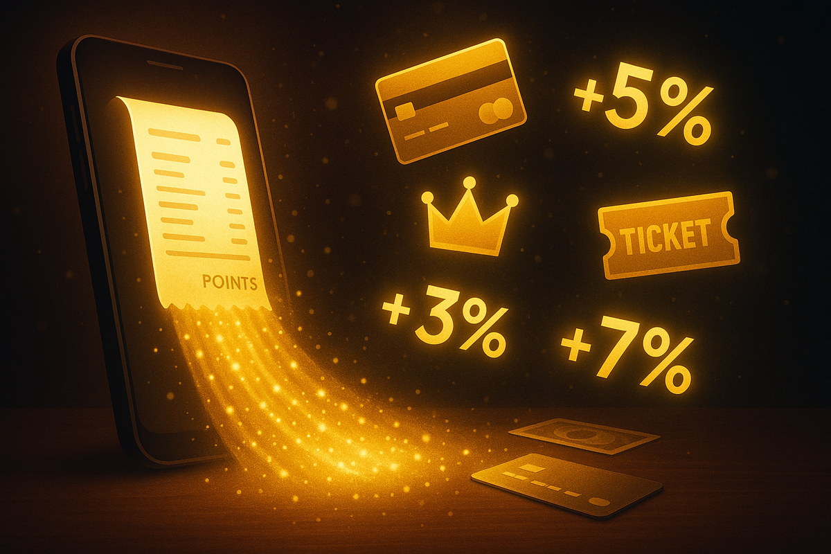 Smartphone screen spitting out a golden POINTS receipt like magic, surrounded by floating credit card, crown, ticket and +3% +5% +7% symbols—stacking Amazon rewards for iPhone purchase, explosive cashback joy and gamified savings rush
