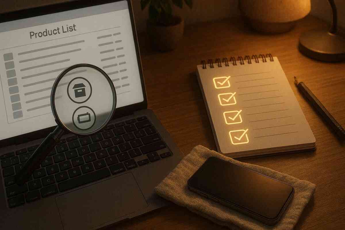Laptop showing a plain product list, huge magnifying glass over box icons, beside a glowing checklist notebook and carefully placed iPhone on a cloth—quiet late-night research scene, methodical Amazon renewed iPhone inspection and安心 safety vibes