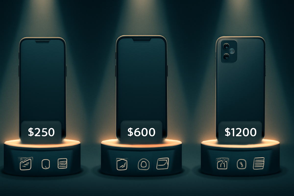 Three anonymous smartphones on glowing pedestals under spotlights, each with a bold price tag $250, $600, $1200 and subtle spec icons—dramatic side-by-side iPhone tier comparison, decisive “which one should I buy?” tension and upgrade excitement