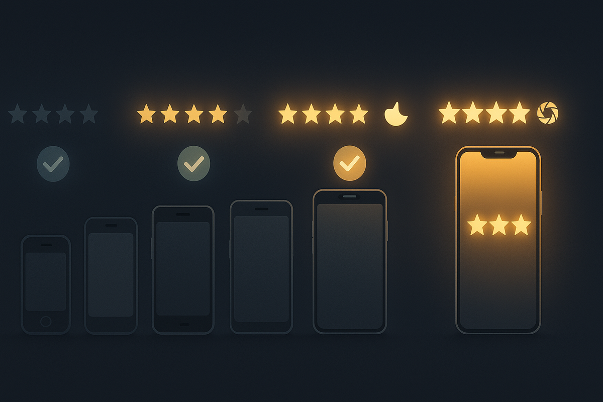 Lineup of iPhone generations fading into the dark, with glowing star-rating bars and night-mode icons—clear visual ranking of which models can shoot stunning stars right now
