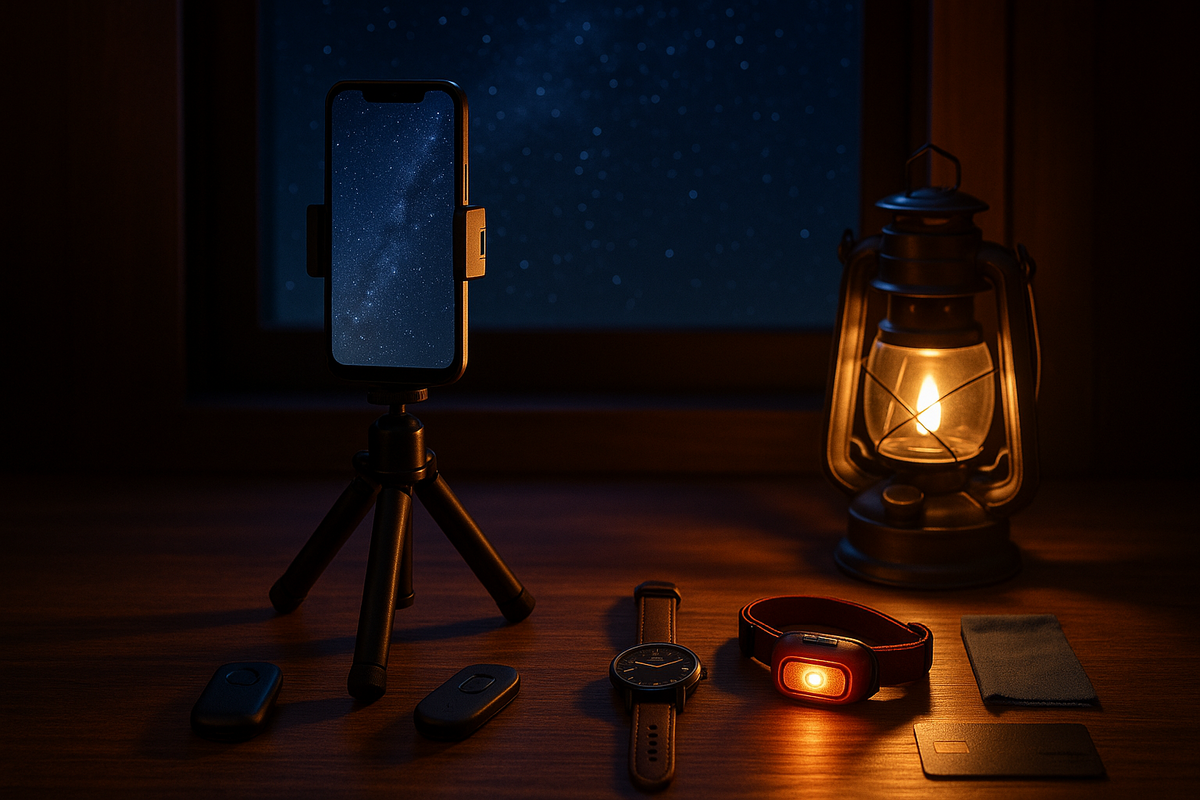 Cozy wooden desk by a window, iPhone on mini tripod framed with the Milky Way, lantern and red headlamp glowing beside remote shutters—complete star-photo gear kit ready for an epic night shoot