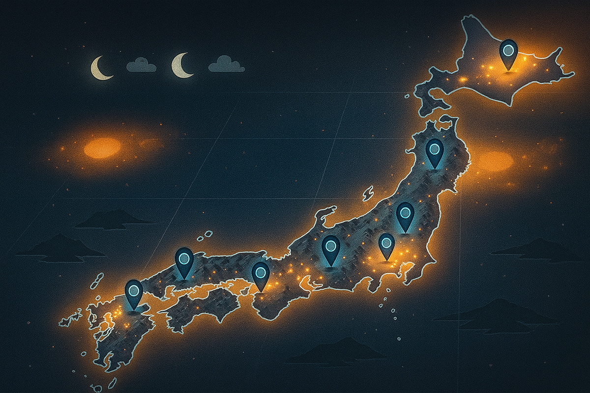Stylized night map of Japan glowing at the edges, blue location pins marking dark-sky hotspots, tiny moon and cloud icons above—romantic nationwide guide to the best stargazing locations