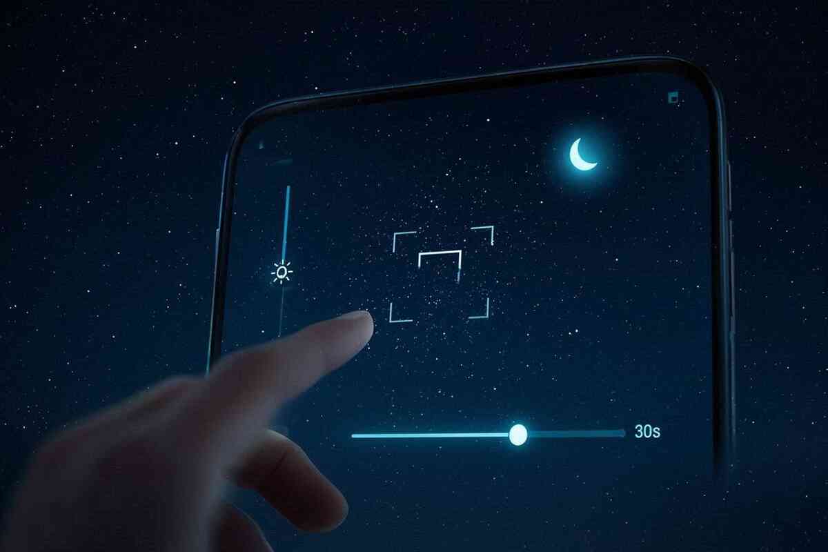 Close-up of a smartphone screen against a starry sky, fingertip adjusting exposure slider toward 30 seconds, moon icon in the corner—intuitive night-mode control, empowering anyone to tune perfect star settings