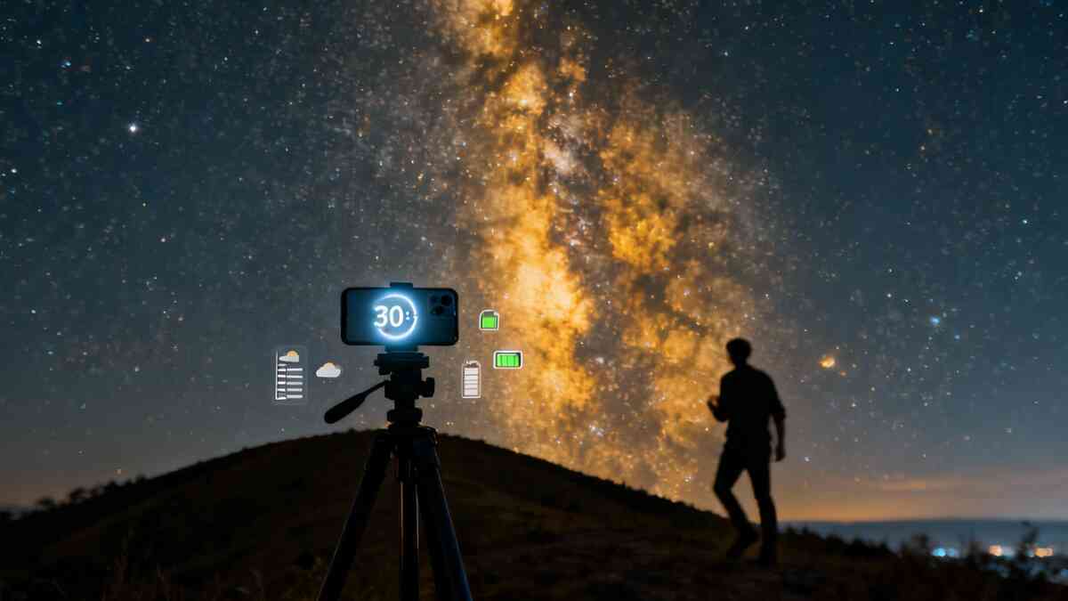 Tripod-mounted phone counting down “30s” in front of a blazing vertical Milky Way, distant human silhouette on the hill, weather and battery HUD icons floating—full star-shooting workflow captured in one thrilling cinematic frame