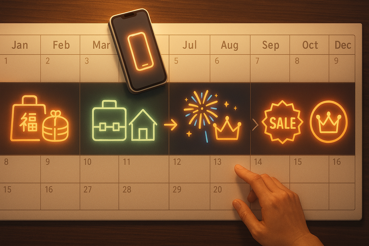 Warm desk calendar from January to December with neon icons for lucky bags, new life, fireworks, SALE badge, and crowns, plus a smartphone and pointing hand—month-by-month Amazon iPhone event roadmap,期待とワクワクが高まる年間セールストーリー