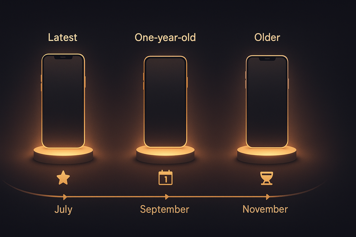 Three glowing smartphone pedestals labeled latest, one-year-old, and older along a July–September–November timeline—when to buy which iPhone, age-based best timing, calm smart-shopper confidence