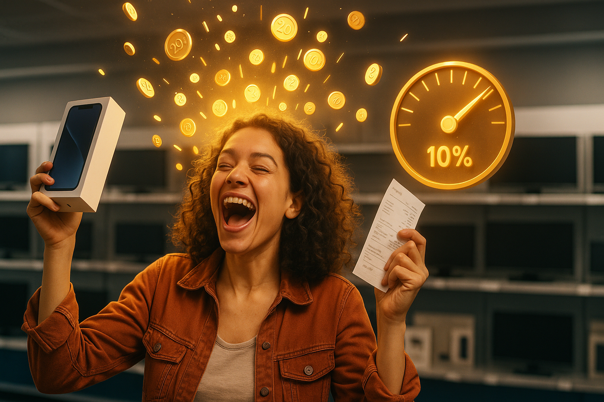 Ecstatic woman inside an electronics store holding a new smartphone box and receipt, golden coins and a glowing 10% gauge exploding above her head—joyful points cashback moment, jackpot savings on a dream iPhone, pure celebration energy